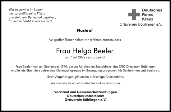Traueranzeige von Helga Beeler von Leonberger Kreiszeitung / Strohgäu Extra