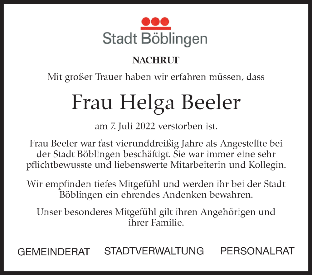  Traueranzeige für Helga Beeler vom 14.07.2022 aus Leonberger Kreiszeitung / Strohgäu Extra