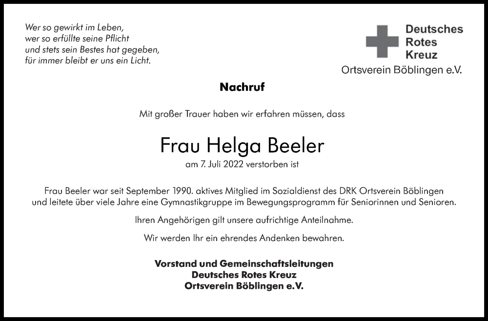  Traueranzeige für Helga Beeler vom 16.07.2022 aus Leonberger Kreiszeitung / Strohgäu Extra