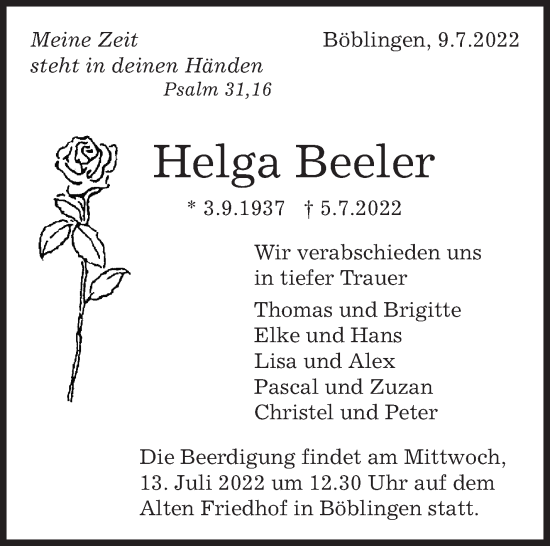 Traueranzeige von Helga Beeler von Leonberger Kreiszeitung / Strohgäu Extra