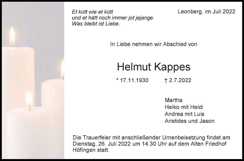  Traueranzeige für Helmut Kappes vom 09.07.2022 aus Leonberger Kreiszeitung / Strohgäu Extra