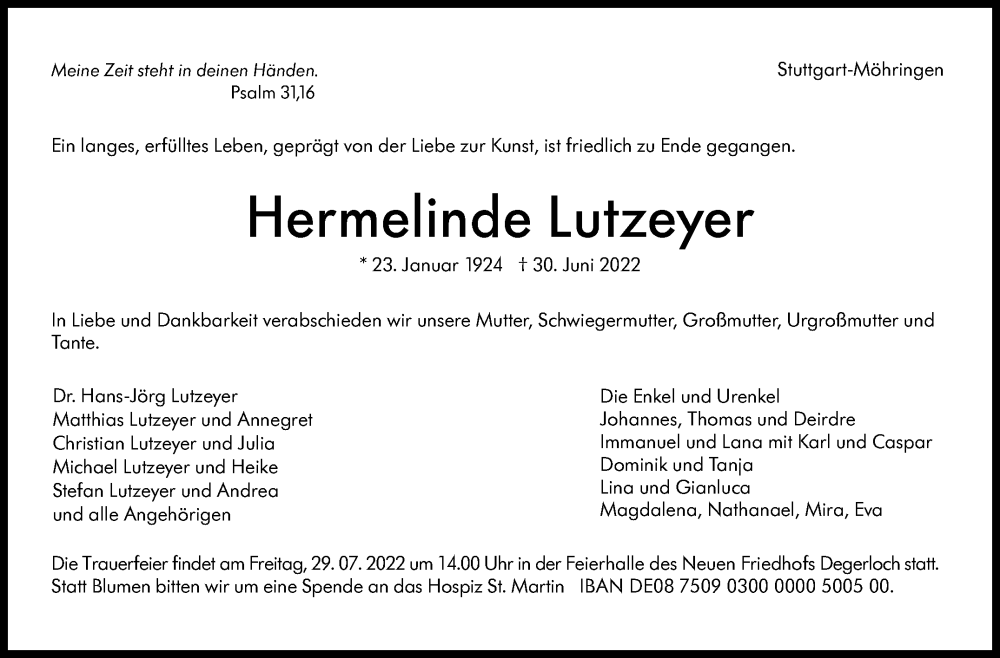  Traueranzeige für Hermelinde Lutzeyer vom 23.07.2022 aus Leonberger Kreiszeitung / Strohgäu Extra