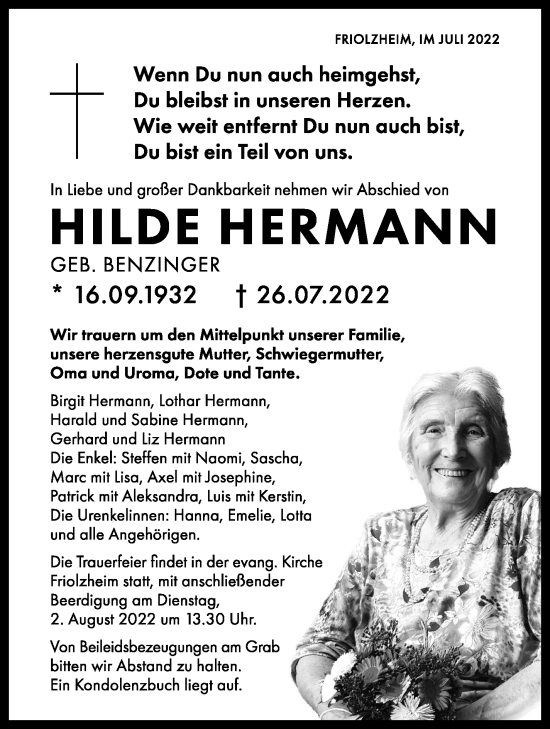 Traueranzeige von Hilde Hermann von Leonberger Kreiszeitung / Strohgäu Extra