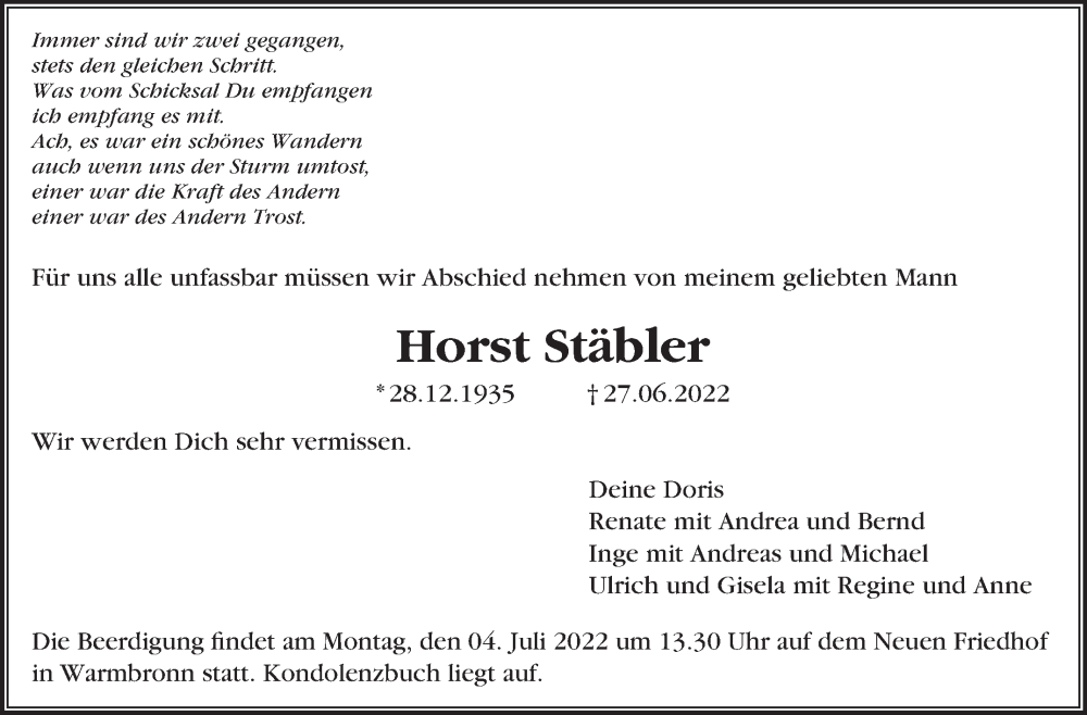 Traueranzeige für Horst Stäbler vom 01.07.2022 aus Leonberger Kreiszeitung / Strohgäu Extra
