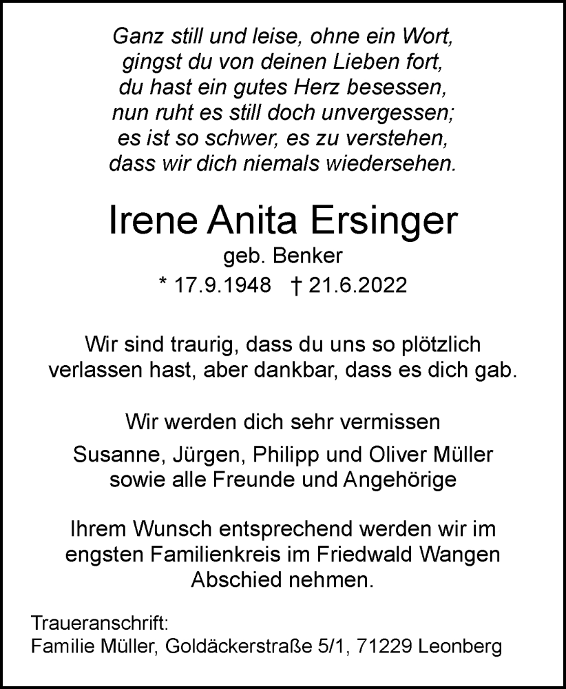  Traueranzeige für Irene Anita Ersinger vom 01.07.2022 aus Leonberger Kreiszeitung / Strohgäu Extra