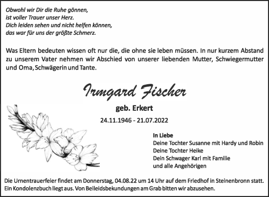 Traueranzeige von Irmgard Fischer von Leonberger Kreiszeitung / Strohgäu Extra