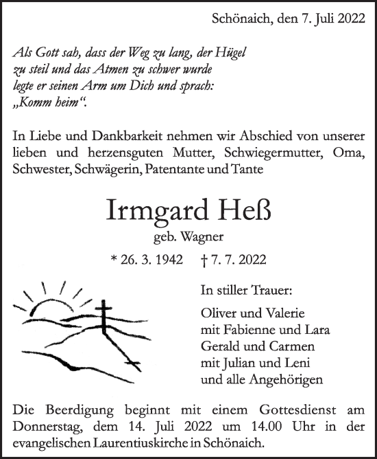 Traueranzeige von Irmgard Heß von Leonberger Kreiszeitung / Strohgäu Extra