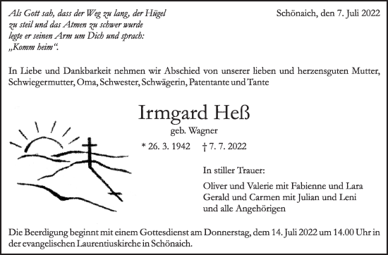 Traueranzeige von Irmgard Heß von Leonberger Kreiszeitung / Strohgäu Extra