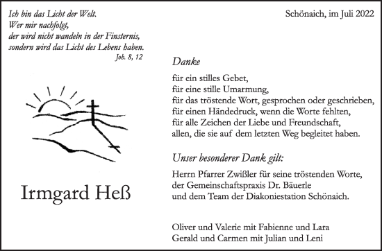 Traueranzeige von Irmgard Heß von Leonberger Kreiszeitung / Strohgäu Extra