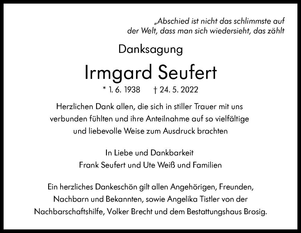  Traueranzeige für Irmgard Seufert vom 14.07.2022 aus Leonberger Kreiszeitung / Strohgäu Extra
