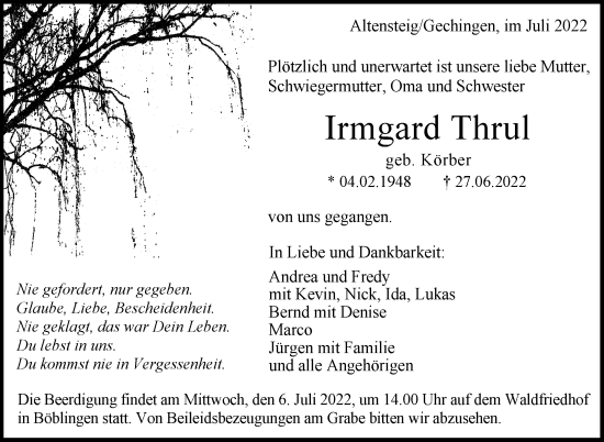 Traueranzeige von Irmgard Thrul von Leonberger Kreiszeitung / Strohgäu Extra