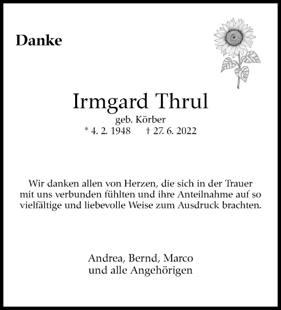 Traueranzeige von Irmgard Thrul von Leonberger Kreiszeitung / Strohgäu Extra