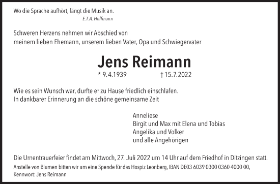 Traueranzeige von Jens Reimann von Leonberger Kreiszeitung / Strohgäu Extra