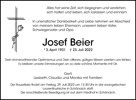 Traueranzeige von Josef Beier von Leonberger Kreiszeitung / Strohgäu Extra
