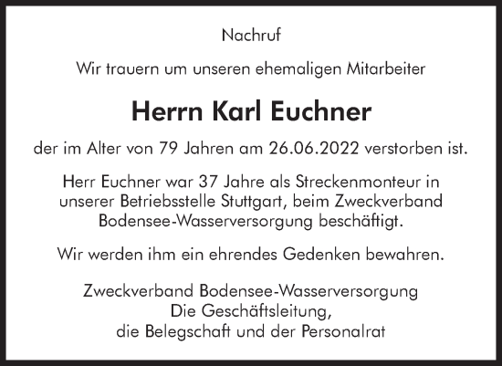 Traueranzeige von Karl Euchner von Leonberger Kreiszeitung / Strohgäu Extra
