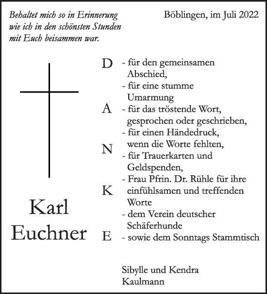 Traueranzeige von Karl Euchner von Leonberger Kreiszeitung / Strohgäu Extra