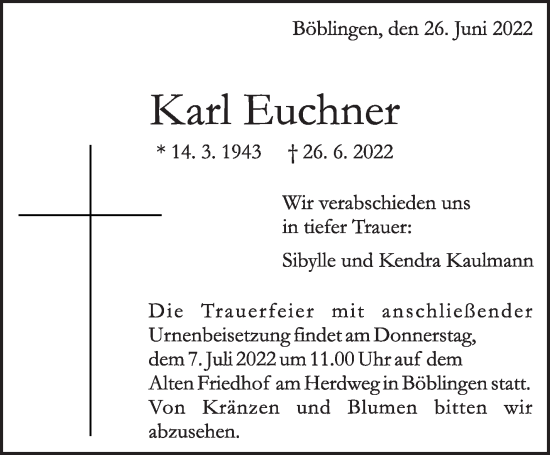 Traueranzeige von Karl Euchner von Leonberger Kreiszeitung / Strohgäu Extra