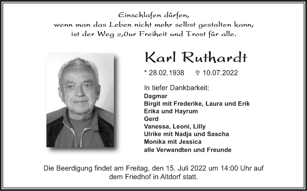  Traueranzeige für Karl Ruthardt vom 14.07.2022 aus Leonberger Kreiszeitung / Strohgäu Extra