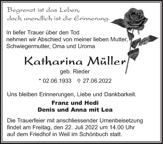 Traueranzeige von Katharina Müller von Leonberger Kreiszeitung / Strohgäu Extra