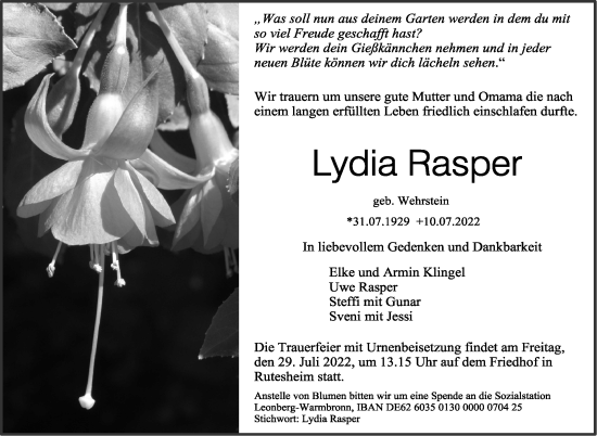 Traueranzeige von Lydia Rasper von Leonberger Kreiszeitung / Strohgäu Extra