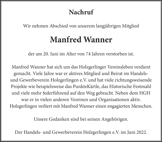 Traueranzeige von Manfred Wanner von Leonberger Kreiszeitung / Strohgäu Extra