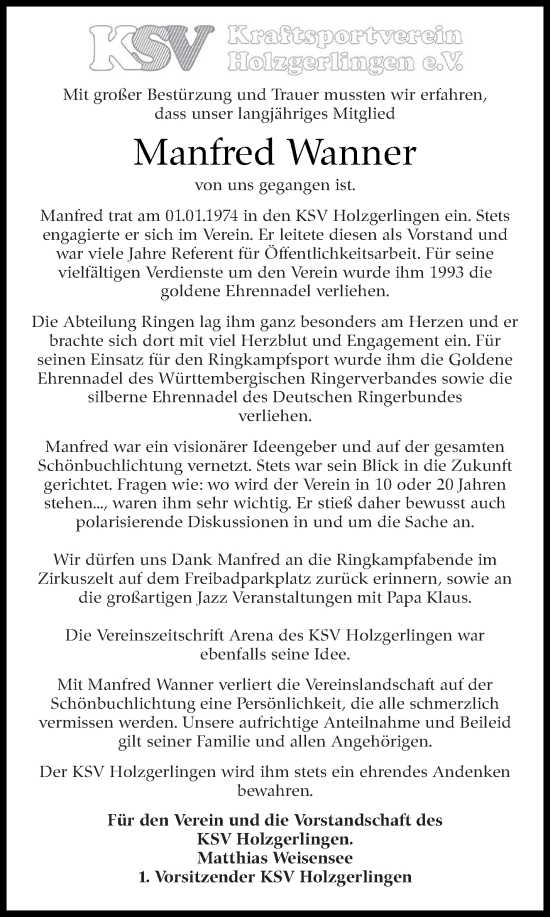 Traueranzeige von Manfred Wanner von Leonberger Kreiszeitung / Strohgäu Extra