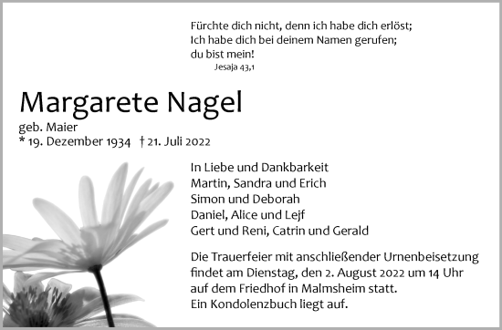 Traueranzeige von Margarete Nagel von Leonberger Kreiszeitung / Strohgäu Extra