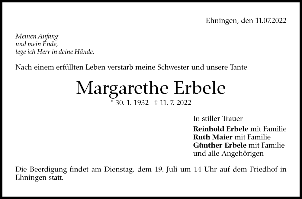 Traueranzeige für Margarethe Erbele vom 14.07.2022 aus Leonberger Kreiszeitung / Strohgäu Extra