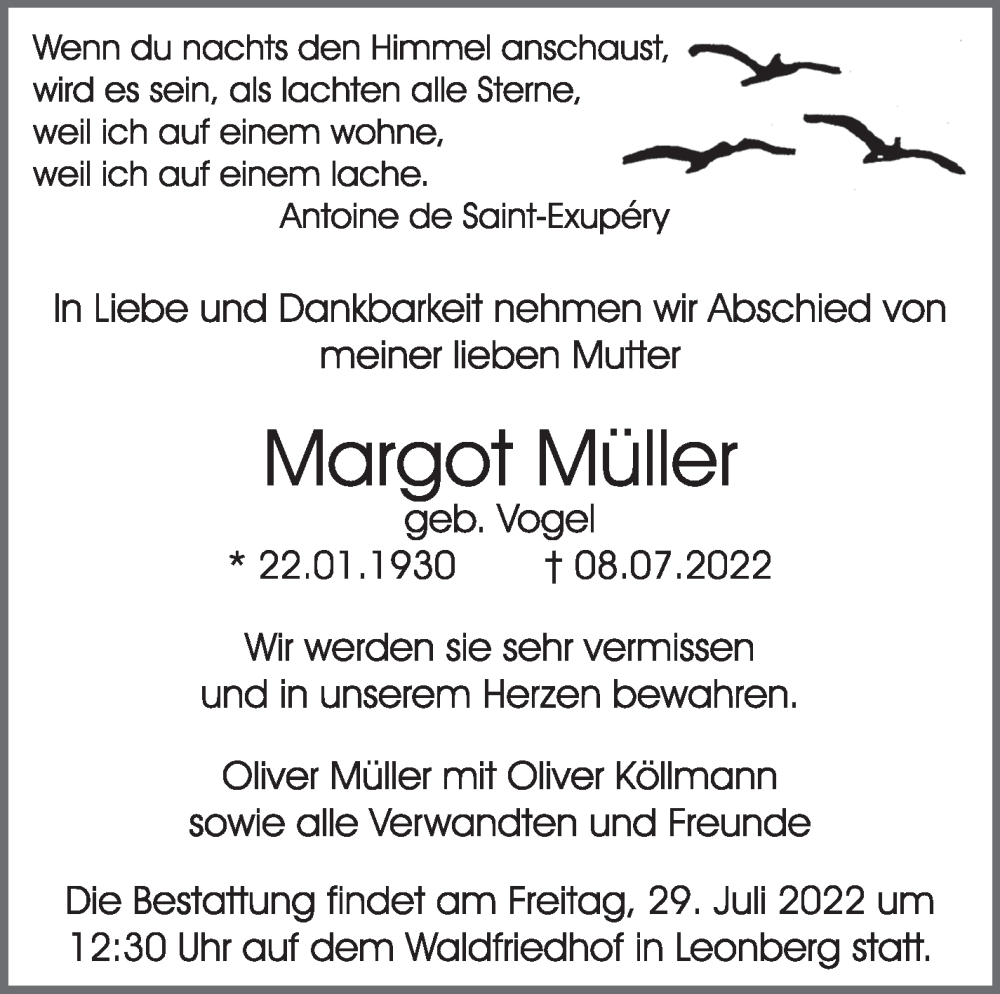  Traueranzeige für Margot Müller vom 23.07.2022 aus Leonberger Kreiszeitung / Strohgäu Extra