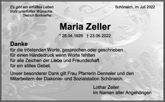Traueranzeige von Maria Zeller von Leonberger Kreiszeitung / Strohgäu Extra