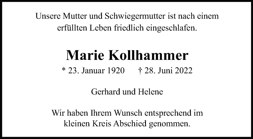  Traueranzeige für Marie Kollhammer vom 14.07.2022 aus Leonberger Kreiszeitung / Strohgäu Extra