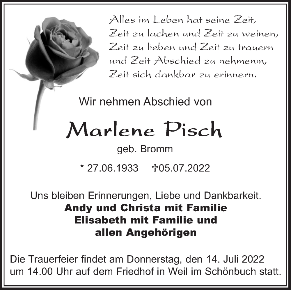  Traueranzeige für Marlene Pisch vom 12.07.2022 aus Leonberger Kreiszeitung / Strohgäu Extra