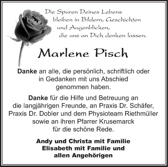 Traueranzeige von Marlene Pisch von Leonberger Kreiszeitung / Strohgäu Extra
