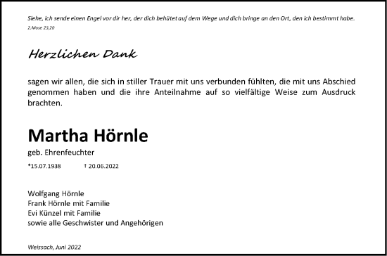 Traueranzeige von Martha Hörnle von Leonberger Kreiszeitung / Strohgäu Extra