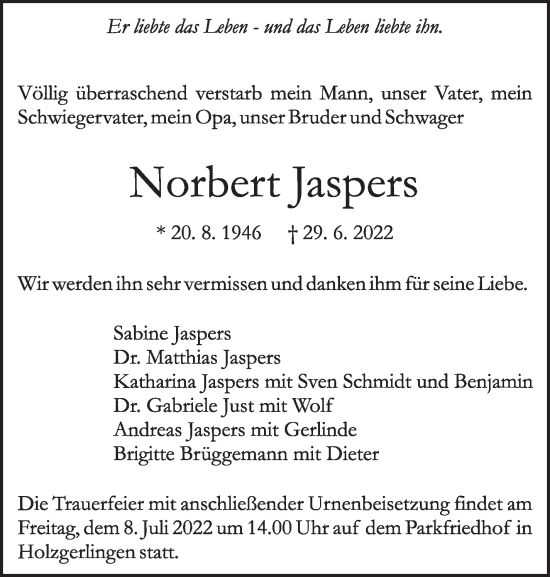 Traueranzeige von Norbert Jaspers von Leonberger Kreiszeitung / Strohgäu Extra