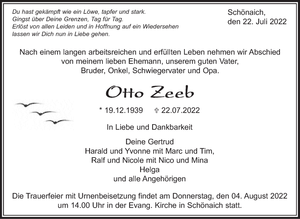  Traueranzeige für Otto Zeeb vom 28.07.2022 aus Leonberger Kreiszeitung / Strohgäu Extra