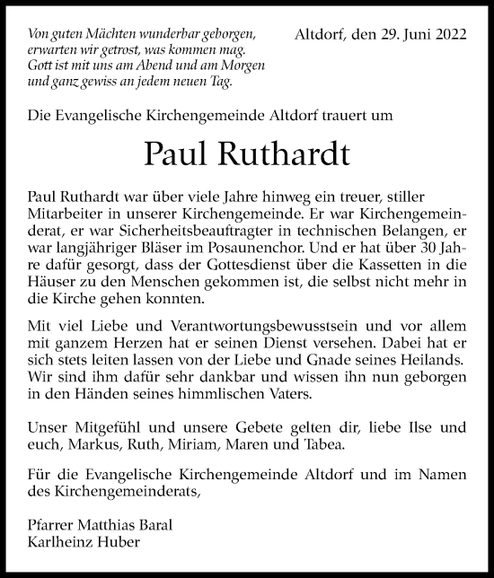 Traueranzeige von Paul Ruthardt von Leonberger Kreiszeitung / Strohgäu Extra