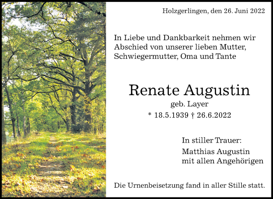 Traueranzeige von Renate Augustin von Leonberger Kreiszeitung / Strohgäu Extra