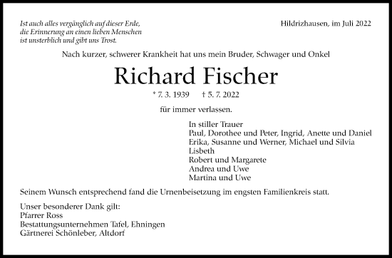 Traueranzeige von Richard Fischer von Leonberger Kreiszeitung / Strohgäu Extra