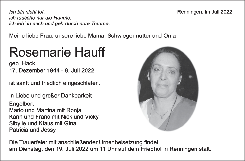  Traueranzeige für Rosemarie Hauff vom 15.07.2022 aus Leonberger Kreiszeitung / Strohgäu Extra
