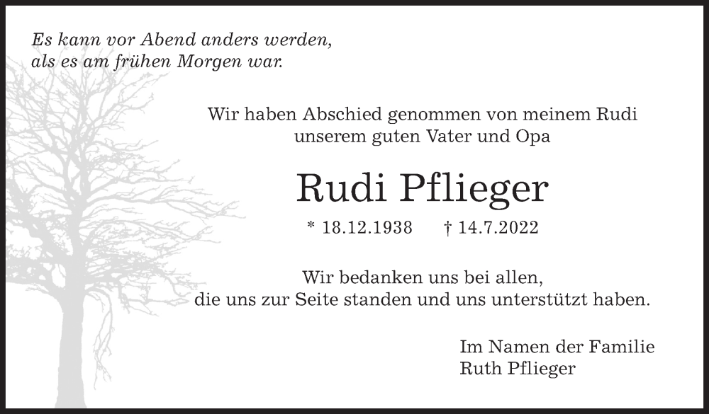  Traueranzeige für Rudi Pflieger vom 29.07.2022 aus Leonberger Kreiszeitung / Strohgäu Extra