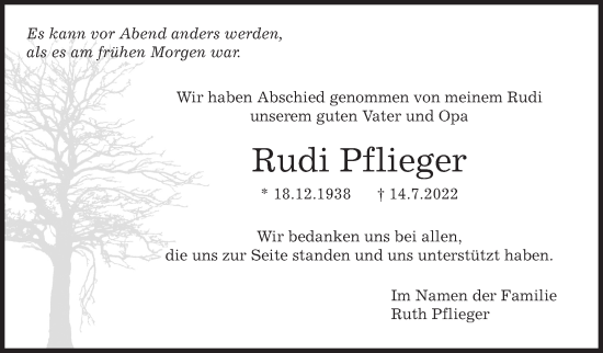 Traueranzeige von Rudi Pflieger von Leonberger Kreiszeitung / Strohgäu Extra
