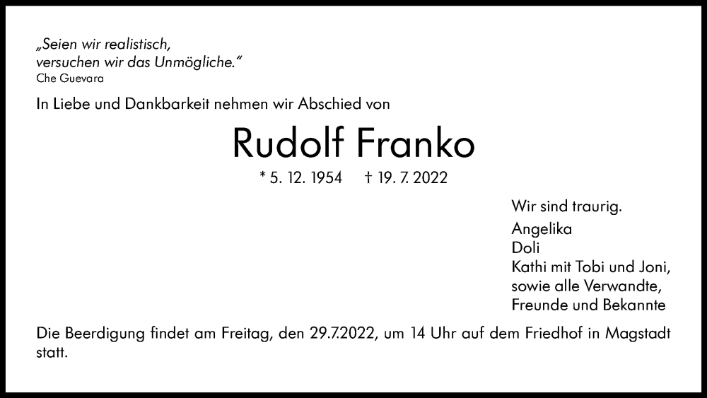  Traueranzeige für Rudolf Franko vom 23.07.2022 aus Leonberger Kreiszeitung / Strohgäu Extra