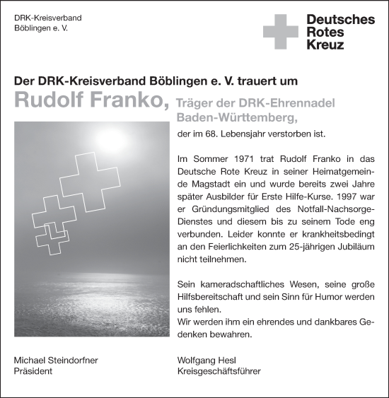 Traueranzeige von Rudolf Franko von Leonberger Kreiszeitung / Strohgäu Extra