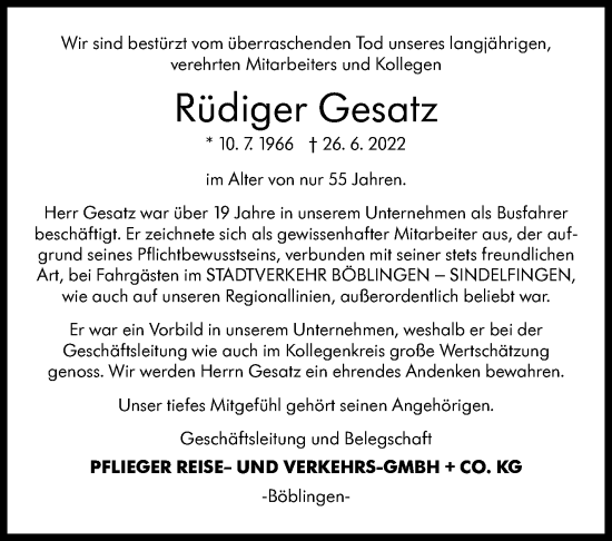 Traueranzeige von Rüdiger Gesatz von Leonberger Kreiszeitung / Strohgäu Extra