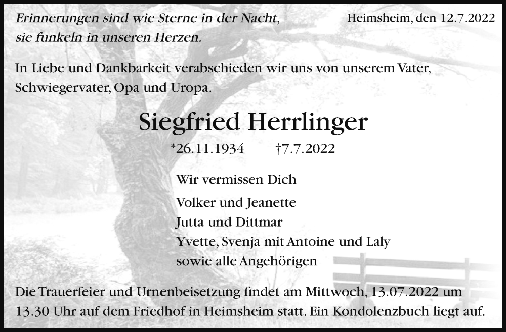  Traueranzeige für Siegfried Herrlinger vom 12.07.2022 aus Leonberger Kreiszeitung / Strohgäu Extra