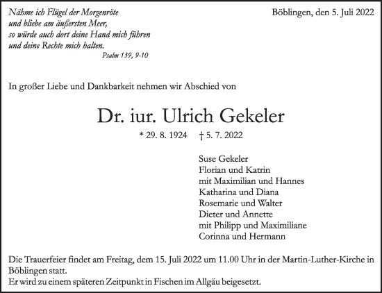 Traueranzeige von Ulrich Gekeler von Leonberger Kreiszeitung / Strohgäu Extra