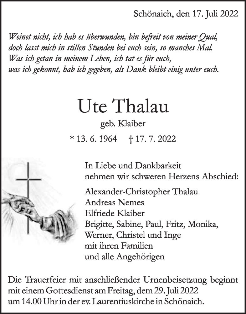  Traueranzeige für Ute Thalau vom 21.07.2022 aus Leonberger Kreiszeitung / Strohgäu Extra