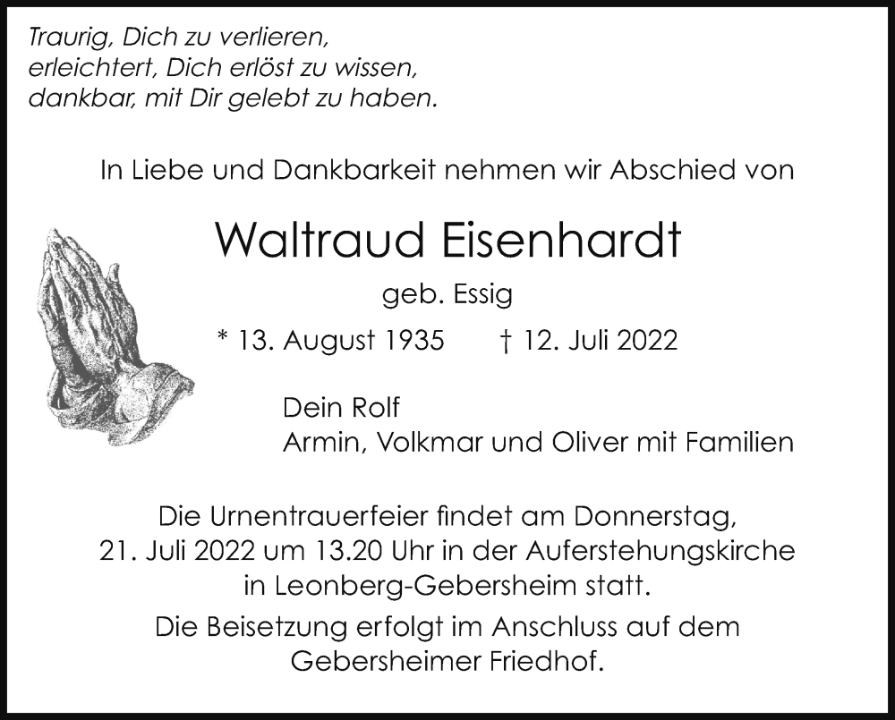  Traueranzeige für Waltraud Eisenhardt vom 16.07.2022 aus Leonberger Kreiszeitung / Strohgäu Extra