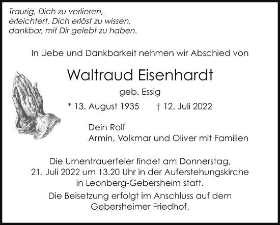 Traueranzeige von Waltraud Eisenhardt von Leonberger Kreiszeitung / Strohgäu Extra